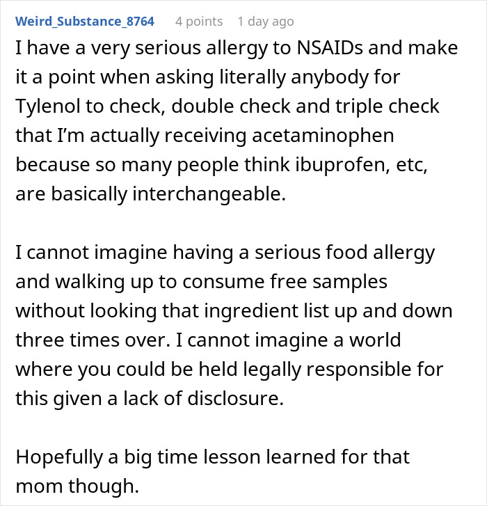 Kid with nut allergy grabs sample, worker blamed for giving it, highlighting food allergy risks and responsibility issues.