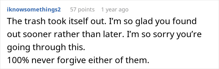 Screenshot of an online comment discussing a woman’s world crumbling after her husband’s dark secret is revealed.