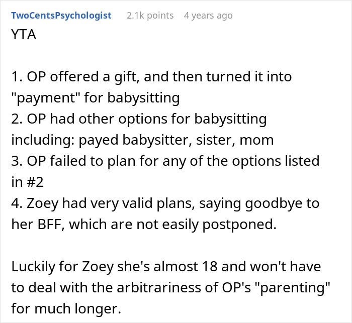 Reddit comment explaining dad pulls funding for 17YO's trip after choosing friend's farewell party over babysitting siblings. Reddit comment explaining dad pulls funding for 17YO's trip after choosing friend's farewell party over babysitting siblings.