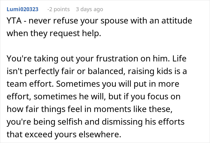 Comment discussing husband flipping out after wife asks him to watch kids while she cooks, highlighting parenting teamwork and frustration. Comment discussing husband flipping out after wife asks him to watch kids while she cooks, highlighting parenting teamwork and frustration.