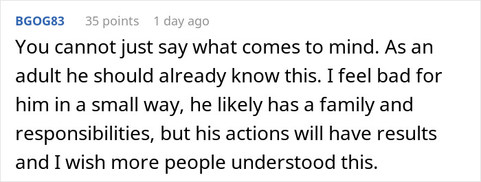 Commenter discusses consequences of body-shaming and immediate termination by CFO in a workplace setting. Commenter discusses consequences of body-shaming and immediate termination by CFO in a workplace setting.