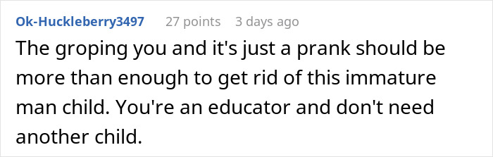 Comment on Reddit post discussing a prank involving a hidden device planted by a boyfriend, expressing disapproval. Comment on Reddit post discussing a prank involving a hidden device planted by a boyfriend, expressing disapproval.