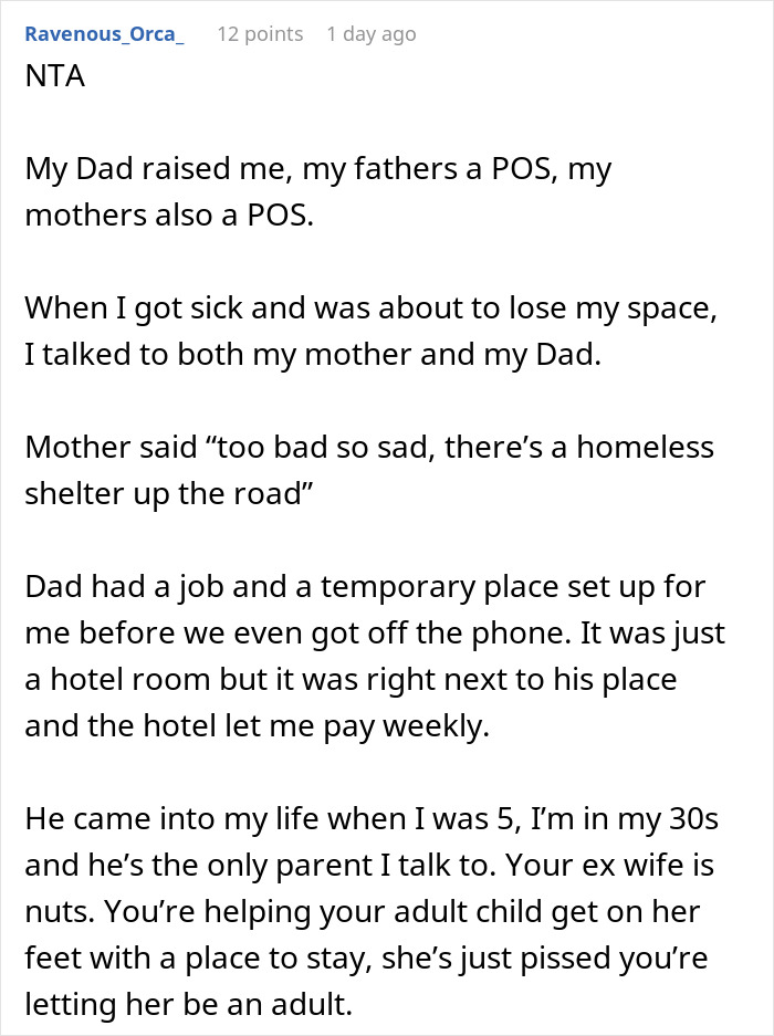 Screenshot of a Reddit comment discussing family conflict over stepdaughter dating and having a love nest after bio-dad said no. Screenshot of a Reddit comment discussing family conflict over stepdaughter dating and having a love nest after bio-dad said no.