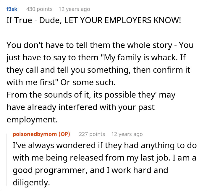 Reddit user discusses impact of family issues and possible interference with past employment in mother-poisoned-me context. Reddit user discusses impact of family issues and possible interference with past employment in mother-poisoned-me context.