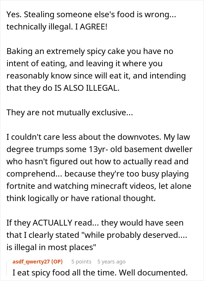 Text discussion about consequences of stealing food and baking a spicy habanero cake as a lesson for a roommate. Text discussion about consequences of stealing food and baking a spicy habanero cake as a lesson for a roommate.