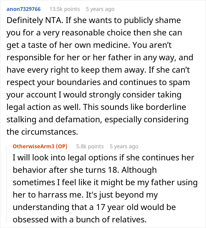 Reddit comments discussing legal action and stalking concerns amid family dirty laundry aired out online by a stalker half-sis. Reddit comments discussing legal action and stalking concerns amid family dirty laundry aired out online by a stalker half-sis.