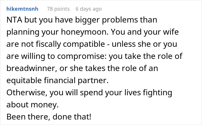 Screenshot of an online discussion about financial compatibility and honeymoon planning after husband refuses to pay for both tickets. Screenshot of an online discussion about financial compatibility and honeymoon planning after husband refuses to pay for both tickets.