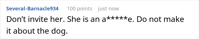Screenshot of a Reddit comment discussing refusing a sister-in-law’s service dog at a wedding situation.