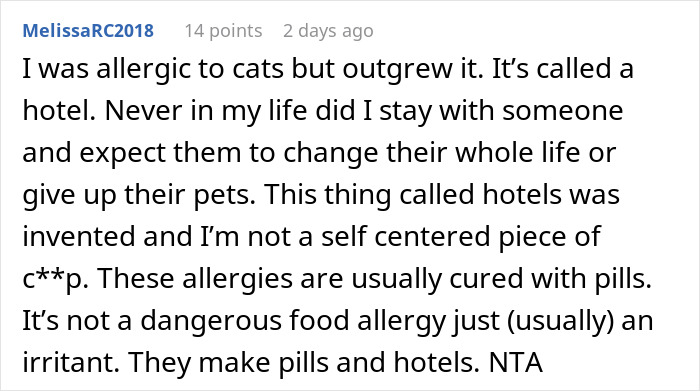 Screenshot of a comment discussing parents trying to get rid of daughter’s cat while pregnant sister visits, causing conflict. Screenshot of a comment discussing parents trying to get rid of daughter’s cat while pregnant sister visits, causing conflict.