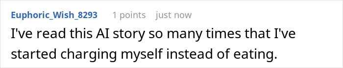 Online comment showing humorous text about charging oneself instead of eating, reflecting employees maliciously comply with strict dress code.