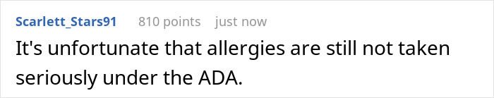 Comment about allergies and ADA law in a forum thread discussing bride refusing sister-in-law’s service dog at wedding