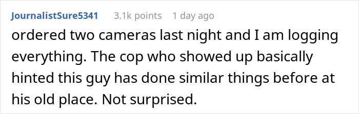 Screenshot of a user comment about an entitled neighbor attempting to hijack a driveway and police involvement discussed online. Screenshot of a user comment about an entitled neighbor attempting to hijack a driveway and police involvement discussed online.