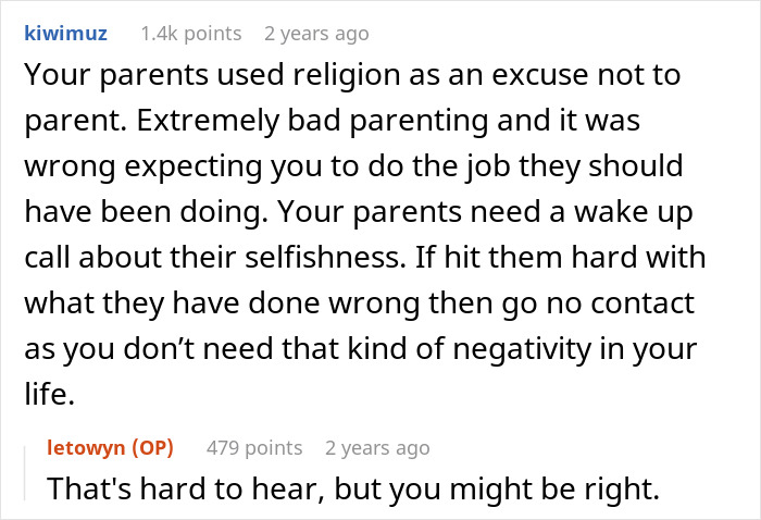 Reddit comment discussing issues of bad parenting and raising younger siblings amid selfishness and no contact advice.