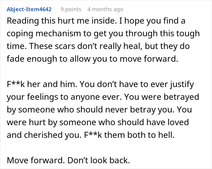 Screenshot of an online comment expressing emotional pain and betrayal in a woman's world after husband's dark secret is revealed.