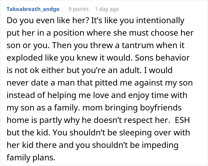 Comment discussing a man walking out as his girlfriend’s son has a meltdown about mountain biking early in the morning. Comment discussing a man walking out as his girlfriend’s son has a meltdown about mountain biking early in the morning.