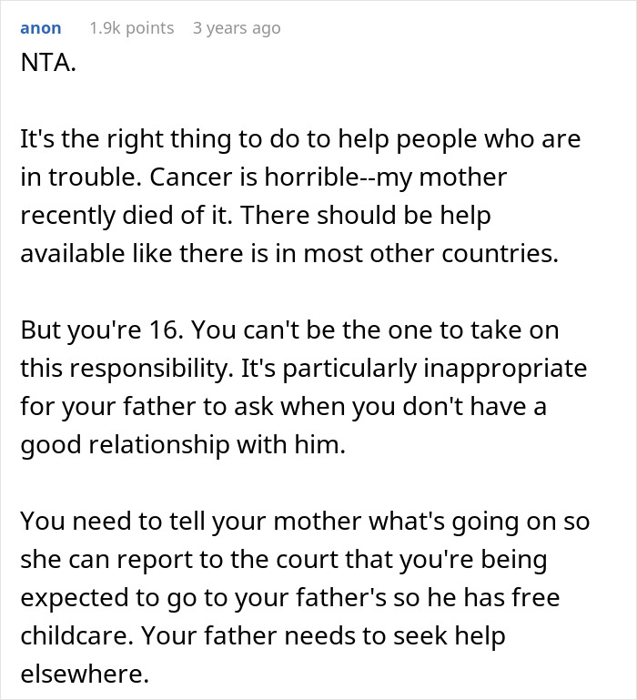 Comment discussing refusing babysit stepsiblings, emphasizing a 16-year-old's limits and need for parental support. Comment discussing refusing babysit stepsiblings, emphasizing a 16-year-old's limits and need for parental support.