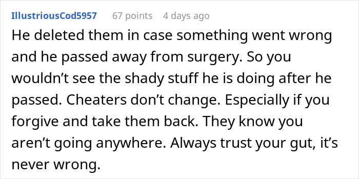 Comment explaining why a husband deleted messages from his phone before surgery, leaving wife suspicious and confused. Comment explaining why a husband deleted messages from his phone before surgery, leaving wife suspicious and confused.