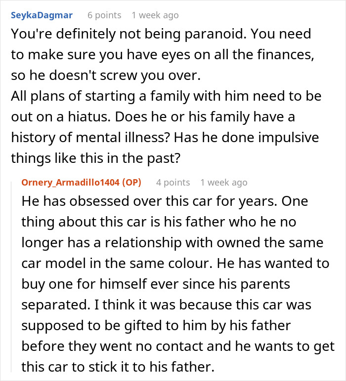 Husband prioritizes luxury vehicle over wife's family plans, involving mother-in-law in buying the car with him. Husband prioritizes luxury vehicle over wife's family plans, involving mother-in-law in buying the car with him.