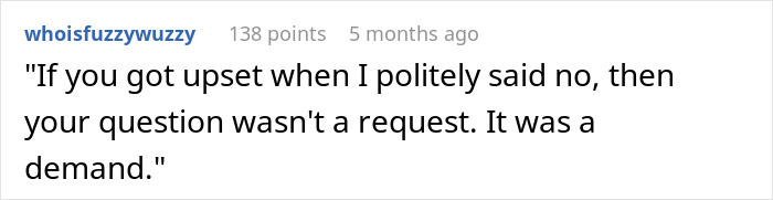 Screenshot of an online comment about refusing demands, illustrating a woman refusing to give up her plane seat and napping guilt-free. Screenshot of an online comment about refusing demands, illustrating a woman refusing to give up her plane seat and napping guilt-free.
