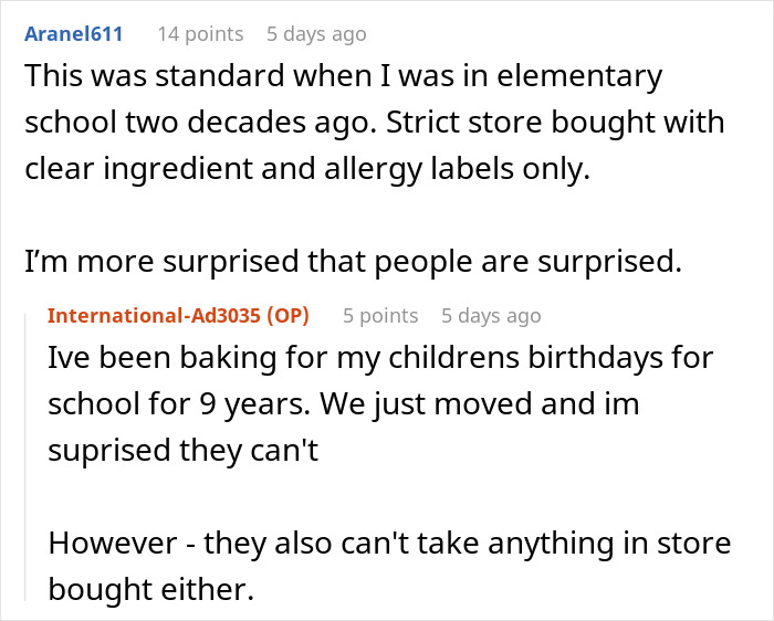 Screenshot of a Reddit conversation about baking cupcakes for school birthdays and school policies on store-bought treats. Screenshot of a Reddit conversation about baking cupcakes for school birthdays and school policies on store-bought treats.