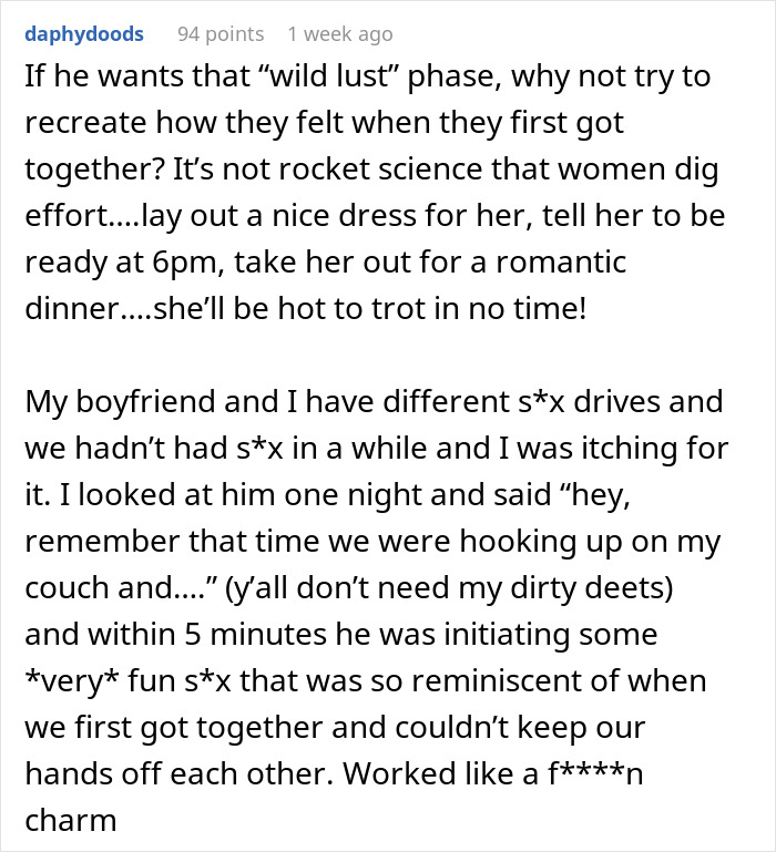 Text from a Reddit comment discussing efforts to recreate intimacy and desire between partners to improve relationship intimacy boundaries. Text from a Reddit comment discussing efforts to recreate intimacy and desire between partners to improve relationship intimacy boundaries.