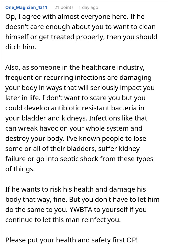 Alt text: A detailed comment warns about frequent infections and antibiotic resistance, advising caution in relationships prone to infections. Alt text: A detailed comment warns about frequent infections and antibiotic resistance, advising caution in relationships prone to infections.