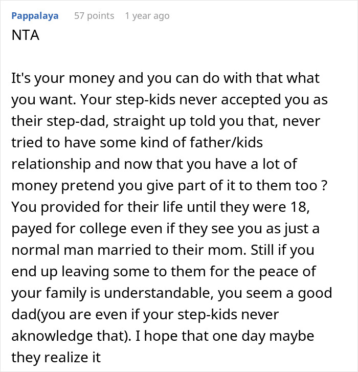 Comment discussing stepkids who treated stepdad with indifference expecting inheritance and his refusal to share it. Comment discussing stepkids who treated stepdad with indifference expecting inheritance and his refusal to share it.