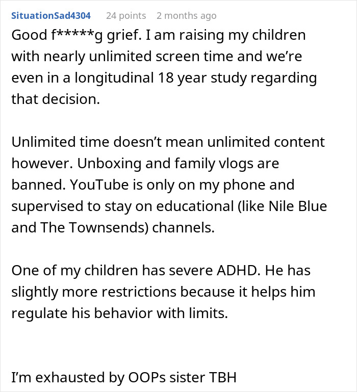 Comment discussing parenting challenges and exhaustion related to sister accuse favoring nephew niece in family dynamics. Comment discussing parenting challenges and exhaustion related to sister accuse favoring nephew niece in family dynamics.