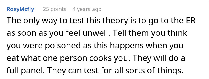 Comment advising to go to the ER immediately when feeling unwell due to suspicion of poisoning by a person cooking. Comment advising to go to the ER immediately when feeling unwell due to suspicion of poisoning by a person cooking.