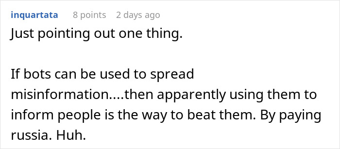 Text post discussing using Russian bots to spread information and challenge misinformation after funds get locked. Text post discussing using Russian bots to spread information and challenge misinformation after funds get locked.