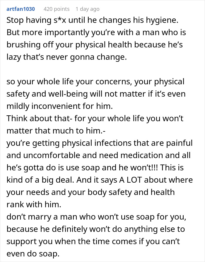 Comment advising to stop intimacy due to partner’s hygiene issues and risk of physical infections refusing testing. Comment advising to stop intimacy due to partner’s hygiene issues and risk of physical infections refusing testing.