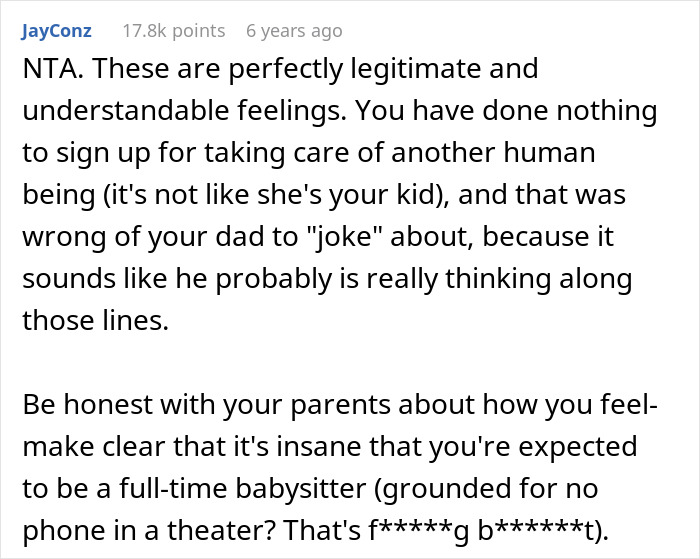 Comment highlighting a teen's feelings of being trapped babysitting autistic sibling and urging honesty with parents about these emotions. Comment highlighting a teen's feelings of being trapped babysitting autistic sibling and urging honesty with parents about these emotions.