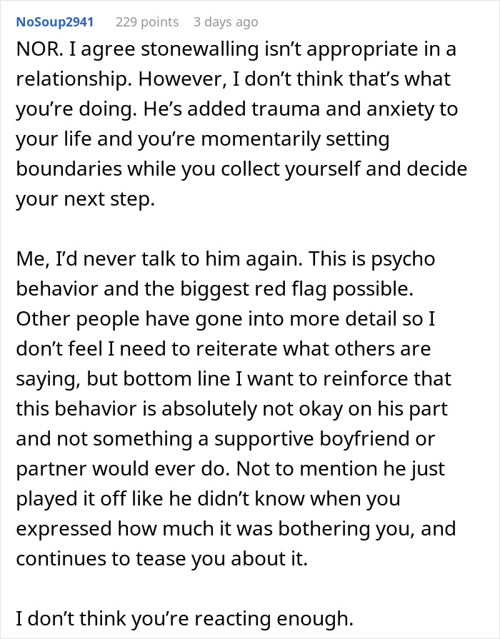 Commenter discussing trauma and red flags after woman finds hidden device in closet planted by boyfriend, highlighting relationship boundaries. Commenter discussing trauma and red flags after woman finds hidden device in closet planted by boyfriend, highlighting relationship boundaries.