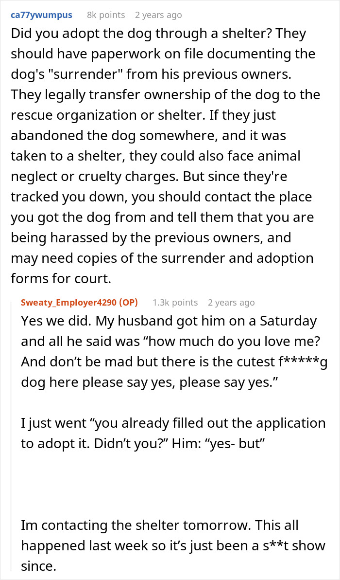 Reddit conversation about a woman leaving dog in shelter, trying to get him back, and police involvement in adoption dispute. Reddit conversation about a woman leaving dog in shelter, trying to get him back, and police involvement in adoption dispute.