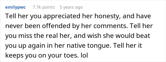 Comment about appreciating honesty from husband’s parents and being challenged in their native language playfully. Comment about appreciating honesty from husband’s parents and being challenged in their native language playfully.