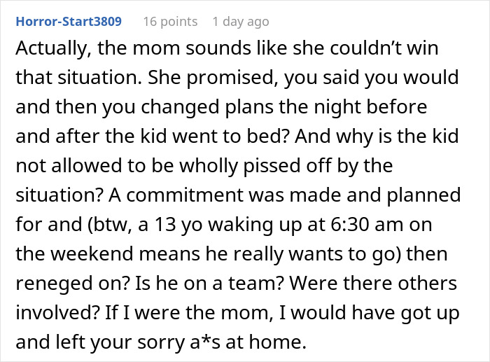 Comment discussing a son’s meltdown about mountain biking early in the morning and family commitment issues. Comment discussing a son’s meltdown about mountain biking early in the morning and family commitment issues.