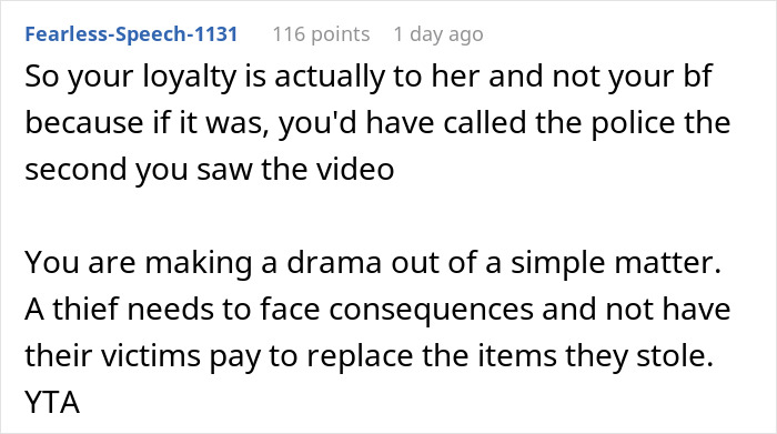 Reddit comment discussing loyalty and consequences after a man catches a friend stealing his boyfriend’s camera. Reddit comment discussing loyalty and consequences after a man catches a friend stealing his boyfriend’s camera.