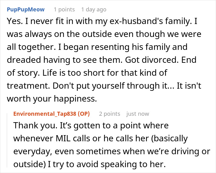Online conversation showing users discussing inlaws pushing boundaries during and after divorce.