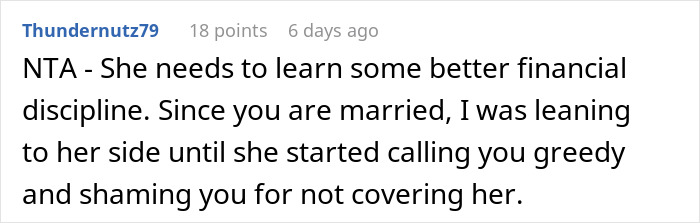 Screenshot of a Reddit comment about husband telling wife no money means no honeymoon due to ticket payment dispute. Screenshot of a Reddit comment about husband telling wife no money means no honeymoon due to ticket payment dispute.