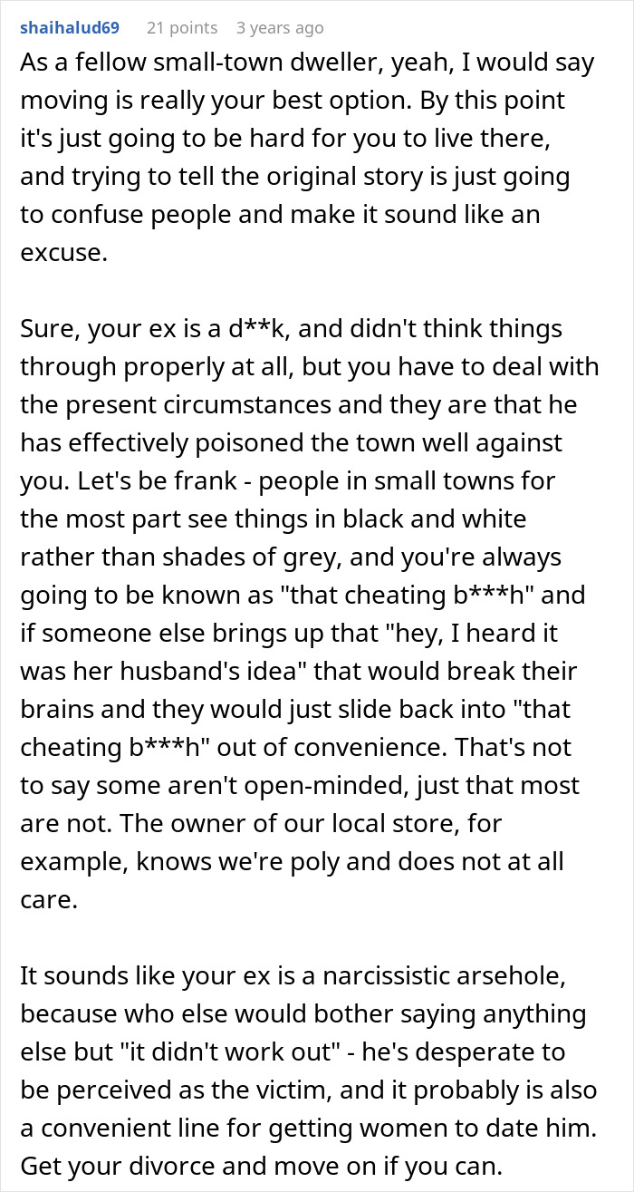 Screenshot of a Reddit comment discussing challenges faced by a guy who comes out as poly and asks for an open marriage.