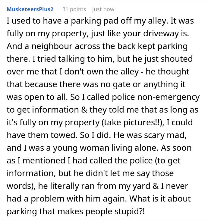 Comment text about neighbor repeatedly using driveway, relating to nurse coming home from long shift and confrontation ensuing. Comment text about neighbor repeatedly using driveway, relating to nurse coming home from long shift and confrontation ensuing.