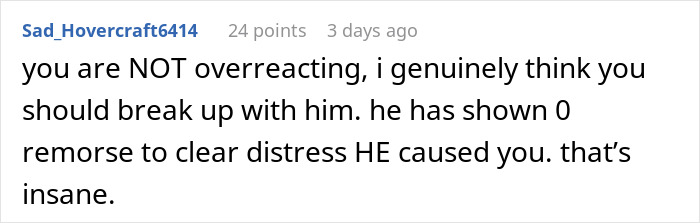 Screenshot of a user comment advising a woman over a hidden device found in closet prank by her boyfriend, showing no remorse. Screenshot of a user comment advising a woman over a hidden device found in closet prank by her boyfriend, showing no remorse.