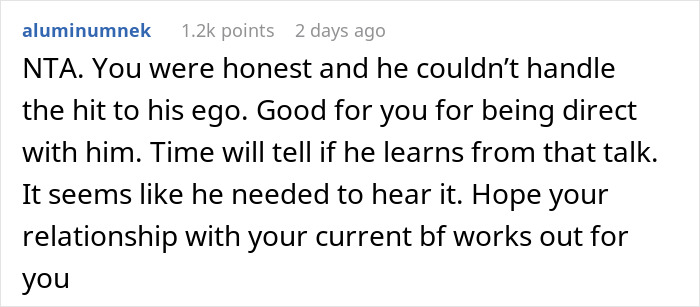 Comment discussing a guy telling an old friend she should date him instead of her boyfriend because he’s tall, then breaking down after a no. Comment discussing a guy telling an old friend she should date him instead of her boyfriend because he’s tall, then breaking down after a no.
