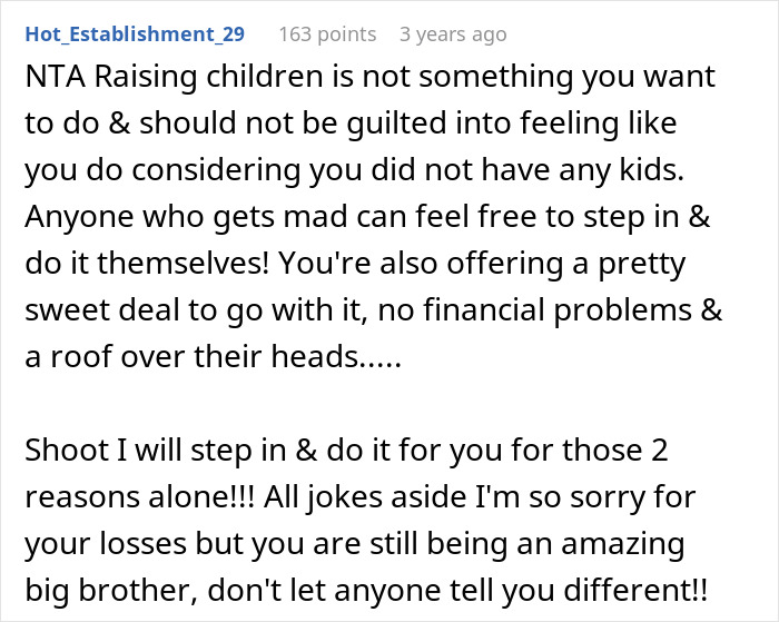 Comment from Hot_Establishment_29 discussing guilt and responsibility in raising unwanted siblings considering adoption challenges. Comment from Hot_Establishment_29 discussing guilt and responsibility in raising unwanted siblings considering adoption challenges.