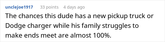 Comment about husband expects wife work study full time two kids highlighting family financial struggles and pickup truck ownership. Comment about husband expects wife work study full time two kids highlighting family financial struggles and pickup truck ownership.