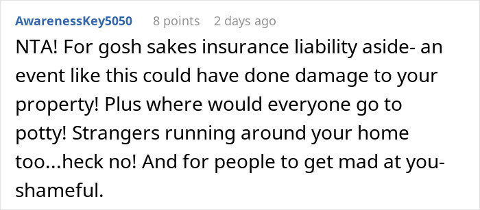 Comment discussing insurance liability and property damage concerns when a woman demands to marry in stranger’s backyard.