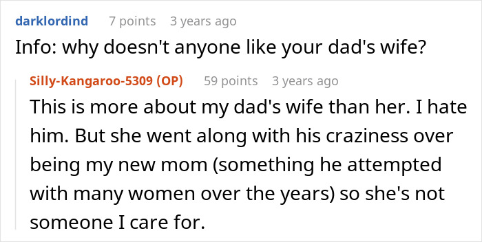 Online conversation showing a user explaining family issues when refusing babysit stepsiblings in a text thread.