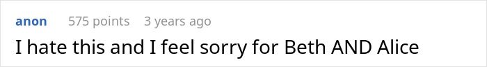 Comment on a post, expressing dislike and sympathy for two individuals named Beth and Alice. Comment on a post, expressing dislike and sympathy for two individuals named Beth and Alice.