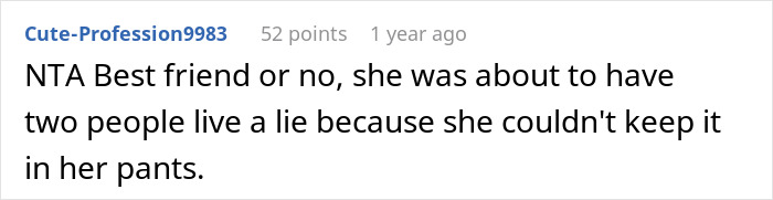 Comment text on a white background discussing a woman who can’t hold her friend’s heavy secret and reveals it to her fiancé before the wedding. Comment text on a white background discussing a woman who can’t hold her friend’s heavy secret and reveals it to her fiancé before the wedding.
