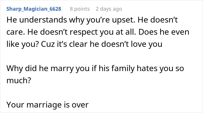 Screenshot of an online comment discussing lack of respect and love, highlighting inlaws pushing boundaries in divorce. Screenshot of an online comment discussing lack of respect and love, highlighting inlaws pushing boundaries in divorce.